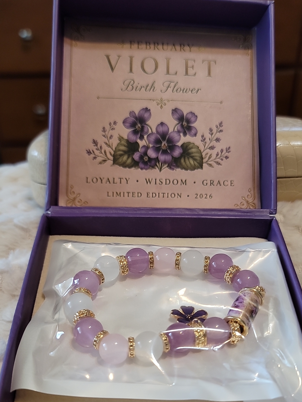 Violet For February Purple Bead Stretch Bracelet with Gold Accents  With Box